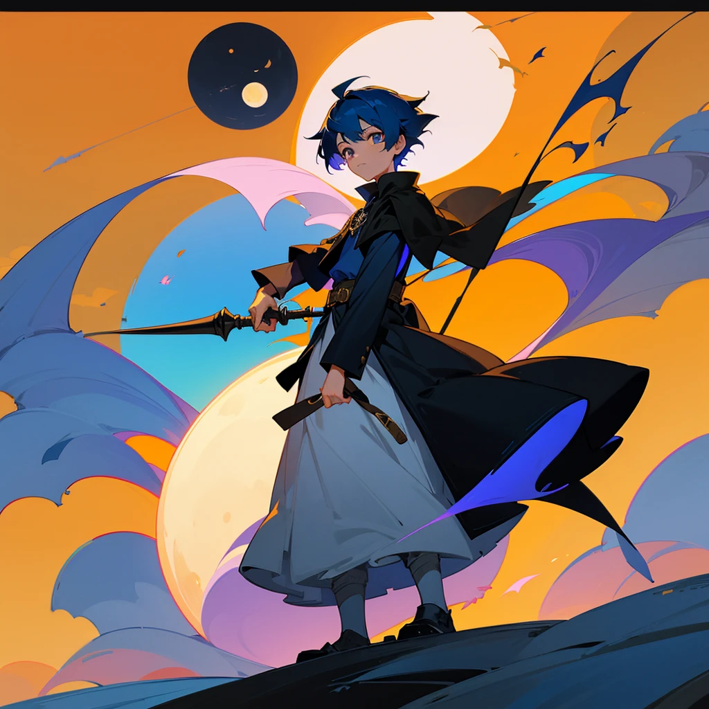 Create a -yeld boho has navy blue hair, who has a half orange and half black shirt, the sun and the moon, who has a blue moon staff that guards his powers and who has the power of the eclipse with his black cloak of the moon and his sun wizard's cottage