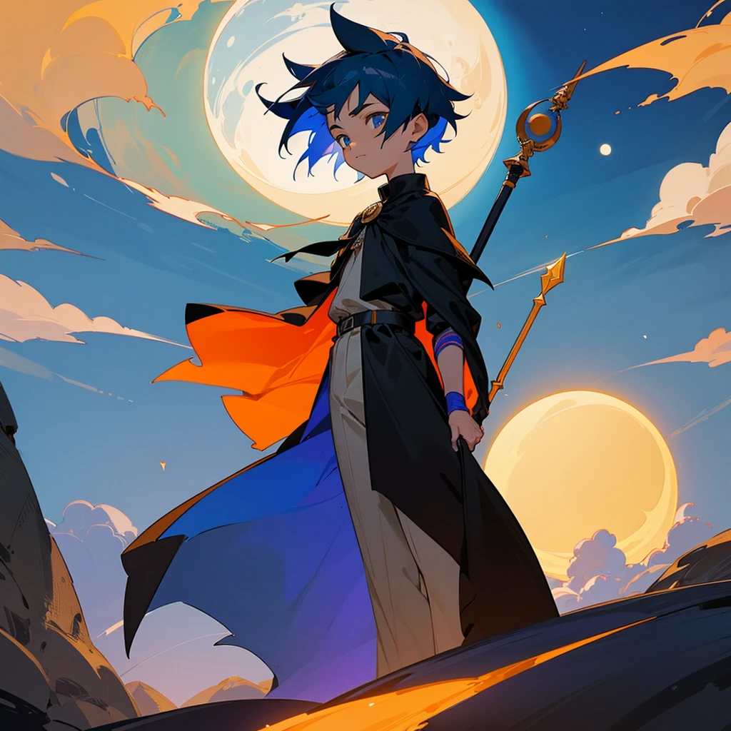 Create a -yeld boho has navy blue hair, who has a half orange and half black shirt, the sun and the moon, who has a blue moon staff that guards his powers and who has the power of the eclipse with his black cloak of the moon and his sun wizard&#39;s cottage