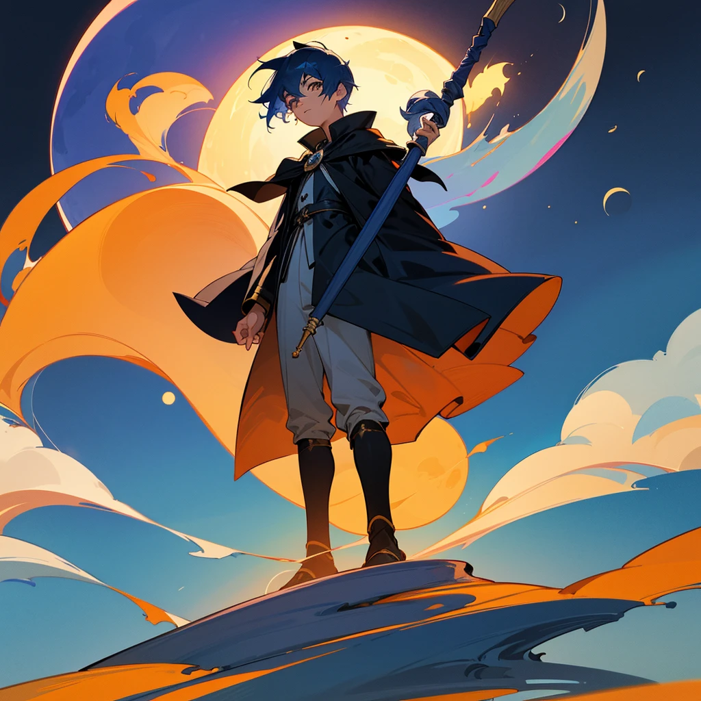 Create a 10-year-old boy who has navy blue hair, who has a half orange and half black shirt, the sun and the moon, who has a blue moon staff that guards his powers and who has the power of the eclipse with his black cloak of the moon and his sun wizard's cottage