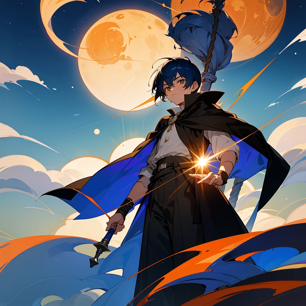 Create a 10-year-old boy who has navy blue hair, who has a half orange and half black shirt, the sun and the moon, who has a blue moon staff that guards his powers and who has the power of the eclipse with his black cloak of the moon and his sun wizard's cottage