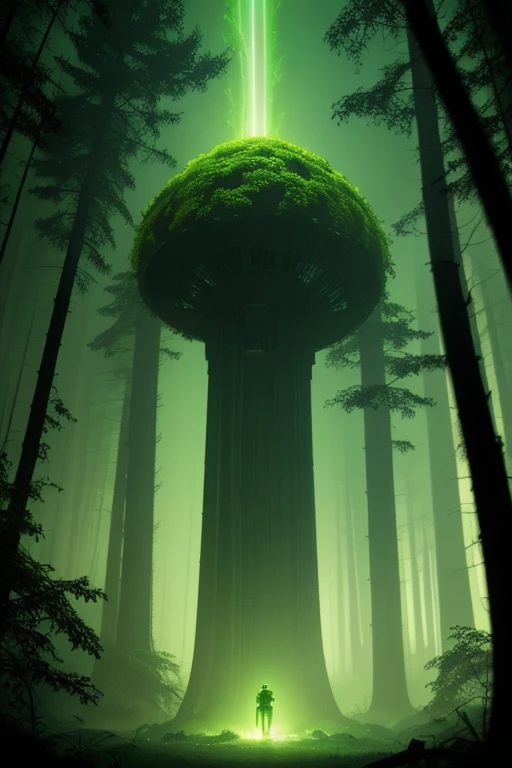 "forest":

    quite: digital painting style: sci-fi futuristic artist: : Very detailed other details: Advanced technology, Strange alien landscape colors: , glowing green lighting: dark and mysterious atmosphere