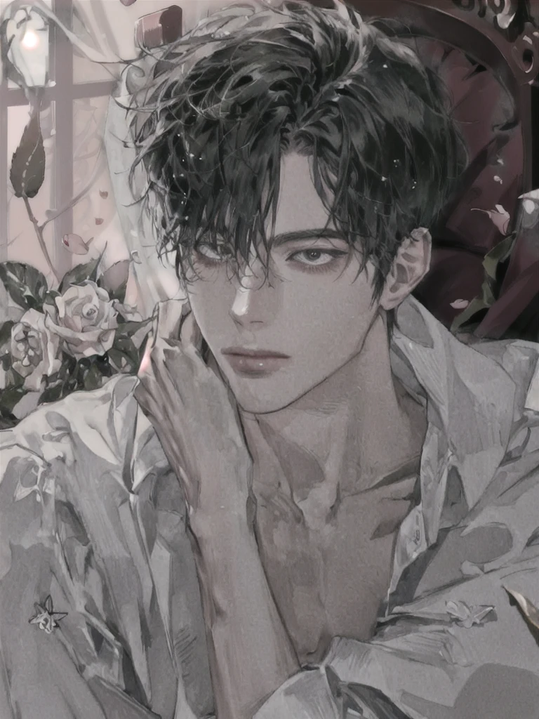 1Junge, portrait, Ohrringe, Allein,Lippen,  Male focus, Green eyes, Blick auf den Betrachter, graue Haare, kurzes Haar, geschlossenen Mund, anime boy lying on the bed with rose petals, wet body, bed, without any clothing except underwear, high quality fanart, hot expression, Beast, at pixiv, official fanart, pixiv, detailed fanart, relaxing, levi ackerman, in in the bedroom, relaxing environment, relaxing mood, by Shingei, anime asthetic, relaxing concept art, wet anime boy, with rose petals on the bed, beautiful atmosphere, hot anime boy, cute, beautiful body art, hot pose, beautiful, pretty face, cute pretty face, big cute eyes, beautiful expression