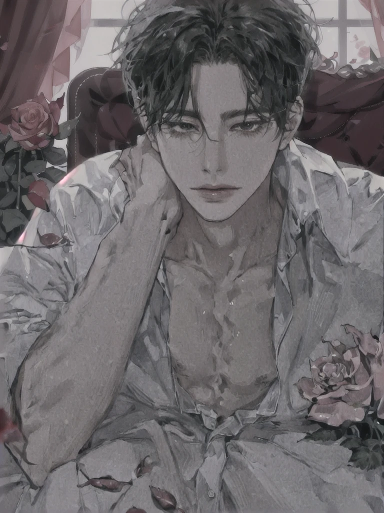 1Junge, portrait, Ohrringe, Allein,Lippen,  Male focus, Green eyes, Blick auf den Betrachter, graue Haare, kurzes Haar, geschlossenen Mund, anime boy lying on the bed with rose petals, wet body, bed, without any clothing except underwear, high quality fanart, hot expression, Beast, at pixiv, official fanart, pixiv, detailed fanart, relaxing, levi ackerman, in in the bedroom, relaxing environment, relaxing mood, by Shingei, anime asthetic, relaxing concept art, wet anime boy, with rose petals on the bed, beautiful atmosphere, hot anime boy, cute, beautiful body art, hot pose, beautiful, pretty face, cute pretty face, big cute eyes, beautiful expression
