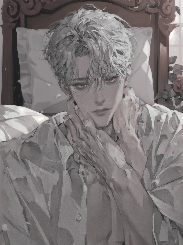1 Boy, Portrait, earring, alone,lips, focus man, green eyes, looking at the audience, gray hair, short hair, gag, anime boy lying on the bed with rose petals, wet body, bed, Without any clothes except underwear, High quality fan art, fiery expression, beast, at Pixieve, Official fan art, Pixieve, Detailed fan art, relax, Levi Ackerman, in in the bedroom, relax environment, relax mood, By Shinkei, anime about beauty, relax concept art, wet cartoon boy, with rose petals on the bed, beautiful atmosphere, hot anime boy, cute, beautiful body art, hot pose, beautiful, ใบหน้าbeautiful, cute ใบหน้าbeautiful, big cute eyes, beautiful expression