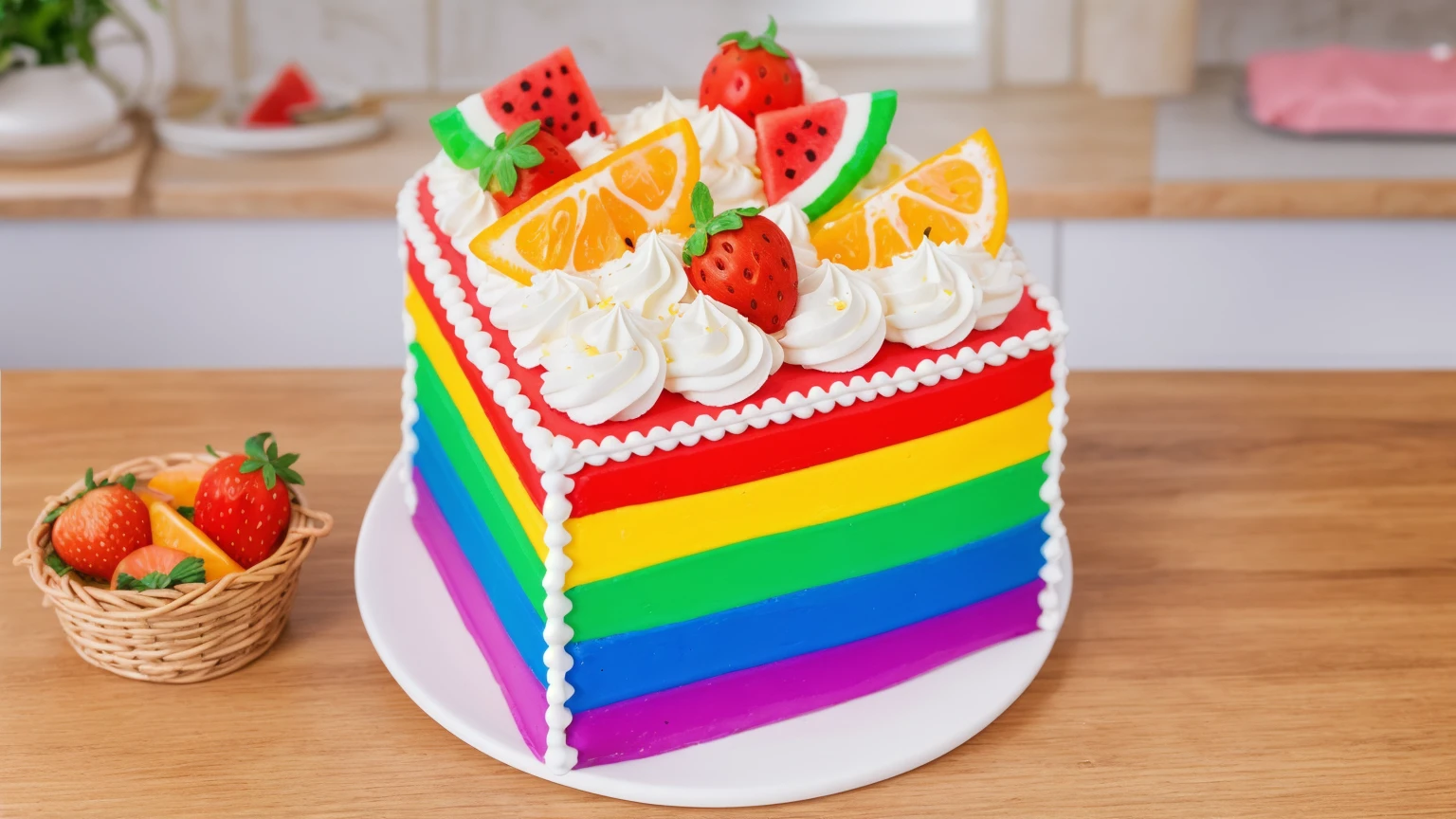 on a wooden table, there is a white plate. worth a cake made from rainbow fondant, decorated with white cream, orange, watermelon and strawberries made of polymer clay. There is a basket of fruit on the table next to it, in the background there is a kitchen with kitchen utensils, window in the background, Beautiful light from the window, Beautiful sunlight, bright lighting,  beautiful light source, realistic style, realistic texture, Detailed style, high quality, A high resolution, ultra hd 4k