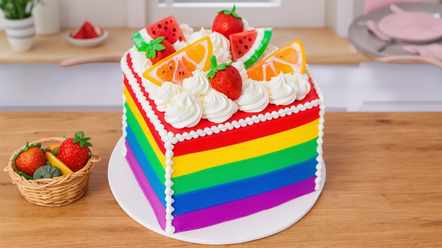 on a wooden table, there is a white plate. worth a cake made from rainbow fondant, decorated with white cream, orange, watermelon and strawberries made of polymer clay. There is a basket of fruit on the table next to it, in the background there is a kitchen with kitchen utensils, window in the background, Beautiful light from the window, Beautiful sunlight, bright lighting, beautiful light source, realistic style, realistic texture, Detailed style, high quality, A high resolution, ultra hd 4k