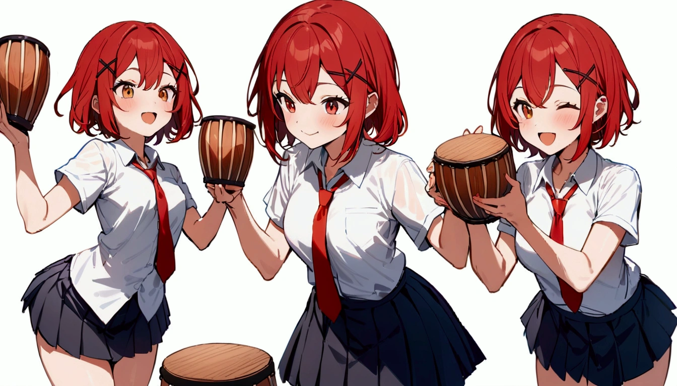 short hair, (Red hair:1.2), X Hair Ornament, Red eyes,tie, girl,One person, Collared shirt, White shirt, Short sleeve, Pleated skirt, student, Highest quality, masterpiece, High resolution, summer,Playing the bongos、