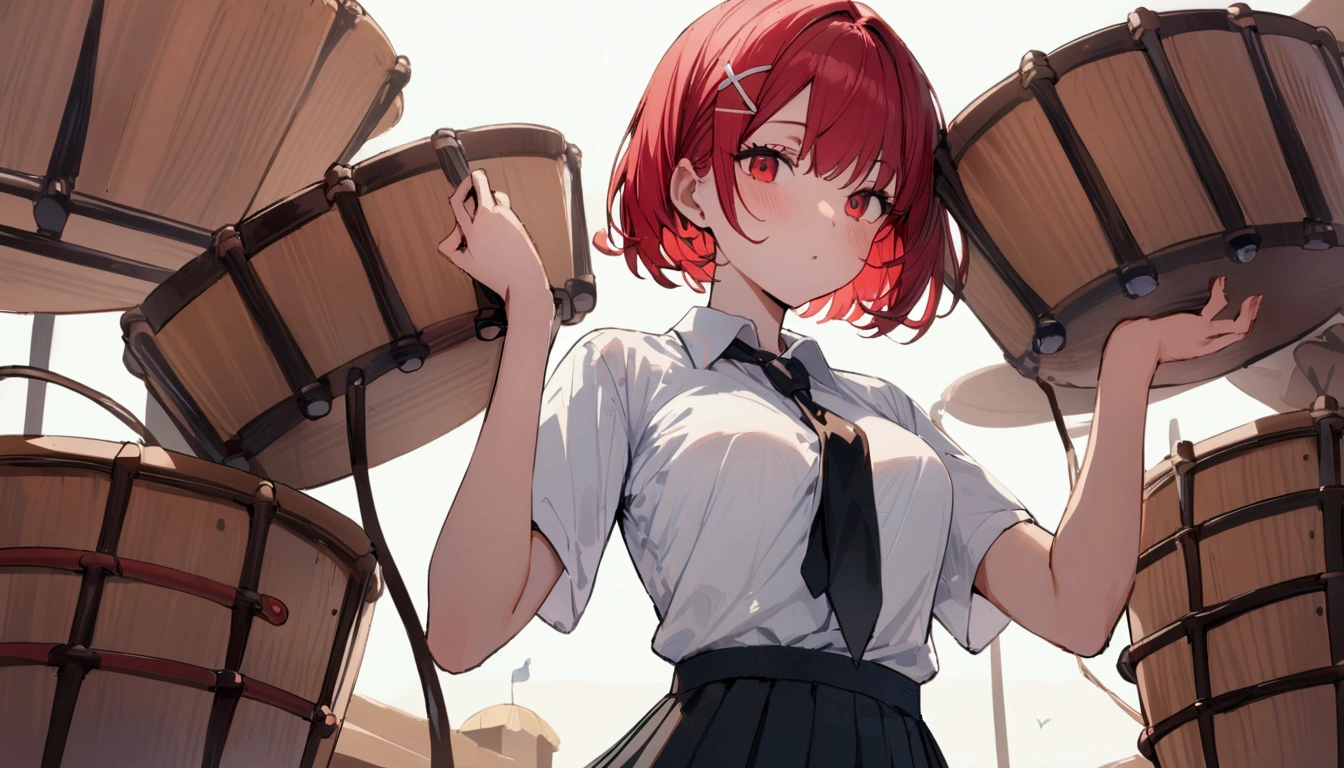 short hair, (Red hair:1.2), X Hair Ornament, Red eyes,tie, girl,One person, Collared shirt, White shirt, Short sleeve, Pleated skirt, student, Highest quality, masterpiece, High resolution, summer,Playing the bongos、