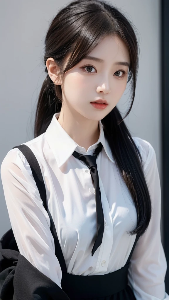 最佳质量,nmasterpiece,UltraHighResolution,(realistic big breasts:1.4),OriginalPhoto,(authentic skin texture:1.3),(filmgrain:1.3),the panorama,18yo girl,Portrait of character,Very wide lens,Haut du corps,ponytailhair,shcool uniform,narrow waisted,inside room,largebreasts,mesmerizing eyes,Beautiful details for eyes and face,,brown-eyed,