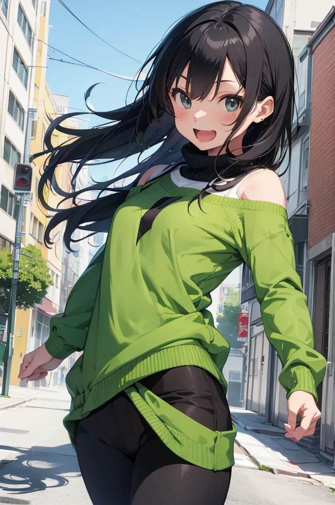 Image of a girl anime character wearing a green sweater and black pants, one leg raised, laughing happily in front of a white background. The girl wears a white shirt underneath the sweater and has shoulder-length hair with bangs.