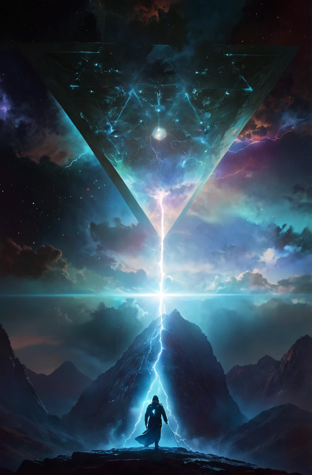 there is a man standing on a mountain with a star in the sky, artgem and beeple masterpiece, beeple artwork, beeple masterpiece, sci-fi digital art, sci-fi magic highly detailed, interdimensional lightning, beeple and tim hildebrandt, sci-fi digital art illustration, beeple art