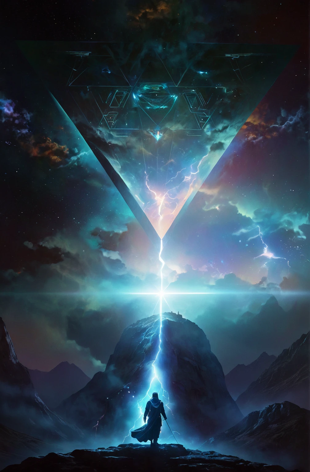 there is a man standing on a mountain with a star in the sky, artgem and beeple masterpiece, beeple artwork, beeple masterpiece, sci-fi digital art, sci-fi magic highly detailed, interdimensional lightning, beeple and tim hildebrandt, sci-fi digital art illustration, beeple art