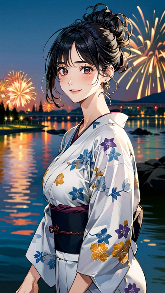 (masterpiece:1.3, Highest quality, Ultra-high resolution, Very detailed), (Realistic, photoRealistic:1.4), Beautiful illustrations, Perfect lighting, colorful, Written boundary depth,
Beautiful detailsまでこだわった髪, Beautifully detailed face, Beautiful details, Beautiful clavicle, Beautiful body, 美しいLarge Breasts, Beautiful thighs, Beautiful legs, Beautiful fingers,
Show Viewer、Front view:0.6, beauty1人, Japanese, beauty、30 years old, Perfect Face, (Perfect Anatomy, Anatomically correct), Cute and symmetrical face, Baby Face, , Shiny skin,
Neat and clean yukata、Black and red tones、
(Black Hair, Updo Hair:1.4), Dark brown eyes, Large Breasts:0.5, The body is slim,
hair ornaments、
(Beautiful views), (night), (Riverside), firework、Standing with good posture, 優しいsmile、(smile, Lips parted),