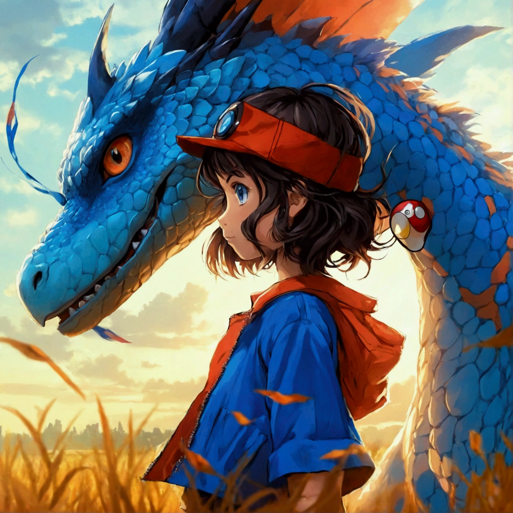 Jeune fille aux cheveux bruns et aux yeux bleus, avec un Pokémon Dracolosse, version animé