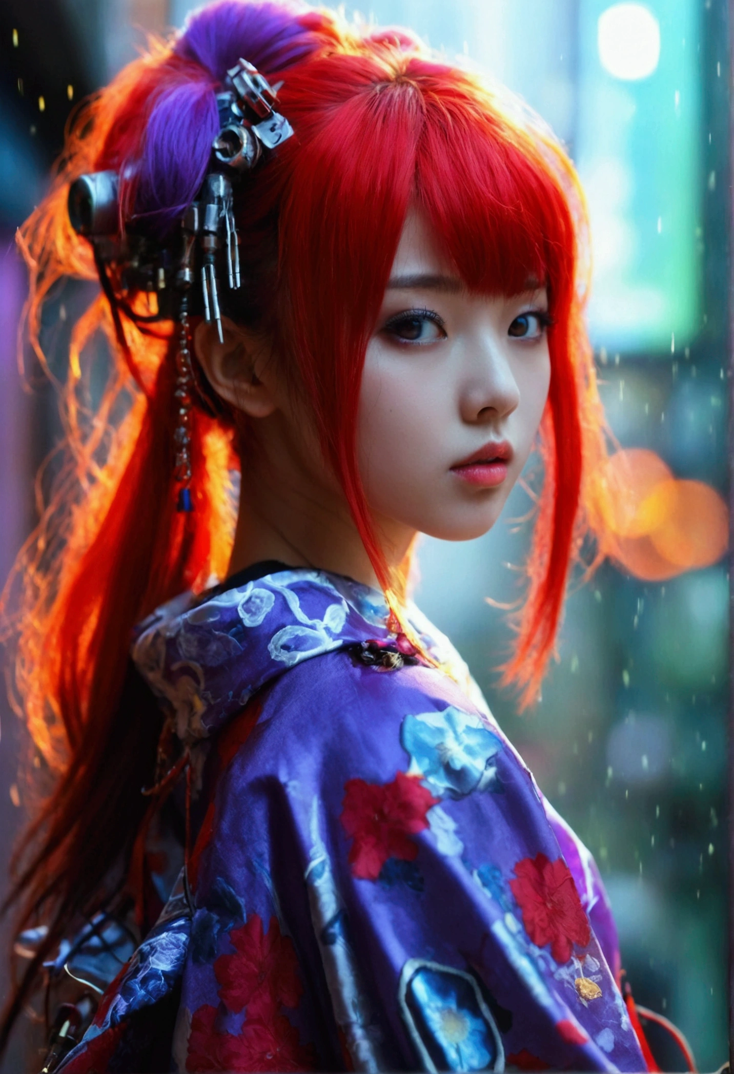1 girl, Blunt bangs, Hair, wide sleeves, hair ornament, japanese clothes, tell obi, (purple hair:1.2), Very long hair, straight hair, Looking at the viewer, very detailed background, (Photo Realistic:1.2), detailed eyes, red eye shadow, depth of field,hip, (Ulzzang-6500:0.7), upper body, (One:1.2), (Cyberpunk city:1.1), split, (finger on the lips:1.1),shiny skin