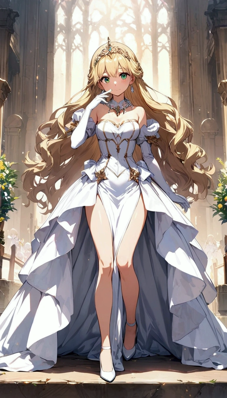 anime. 1 Girl. pretty girl. Princess. blonde. Long Hair. Wavy Hair. Green Eyes. Beautiful Eyes. Perfect Eyes. Expressive eyes. Blind eyes. Blind. The Ideal Face. 16 years. Sitting chest.Beautiful breasts. Ideal Anatomy. Beautiful long legs. Luxurious white dress. White Stockings. High heel shoes. White cane. crown. Pearl Necklace. Neat earrings. White gloves. Standing tall in the cold. she is standing on the street. Standing in the palace gardens. Beautiful character design. Shiny skin. whole body. Official Art. Highly detailed CG Unity 8k wallpaper. Ideal lighting. 超High resolution4K. Ultra high definition 8K. High resolution.Panty flashing