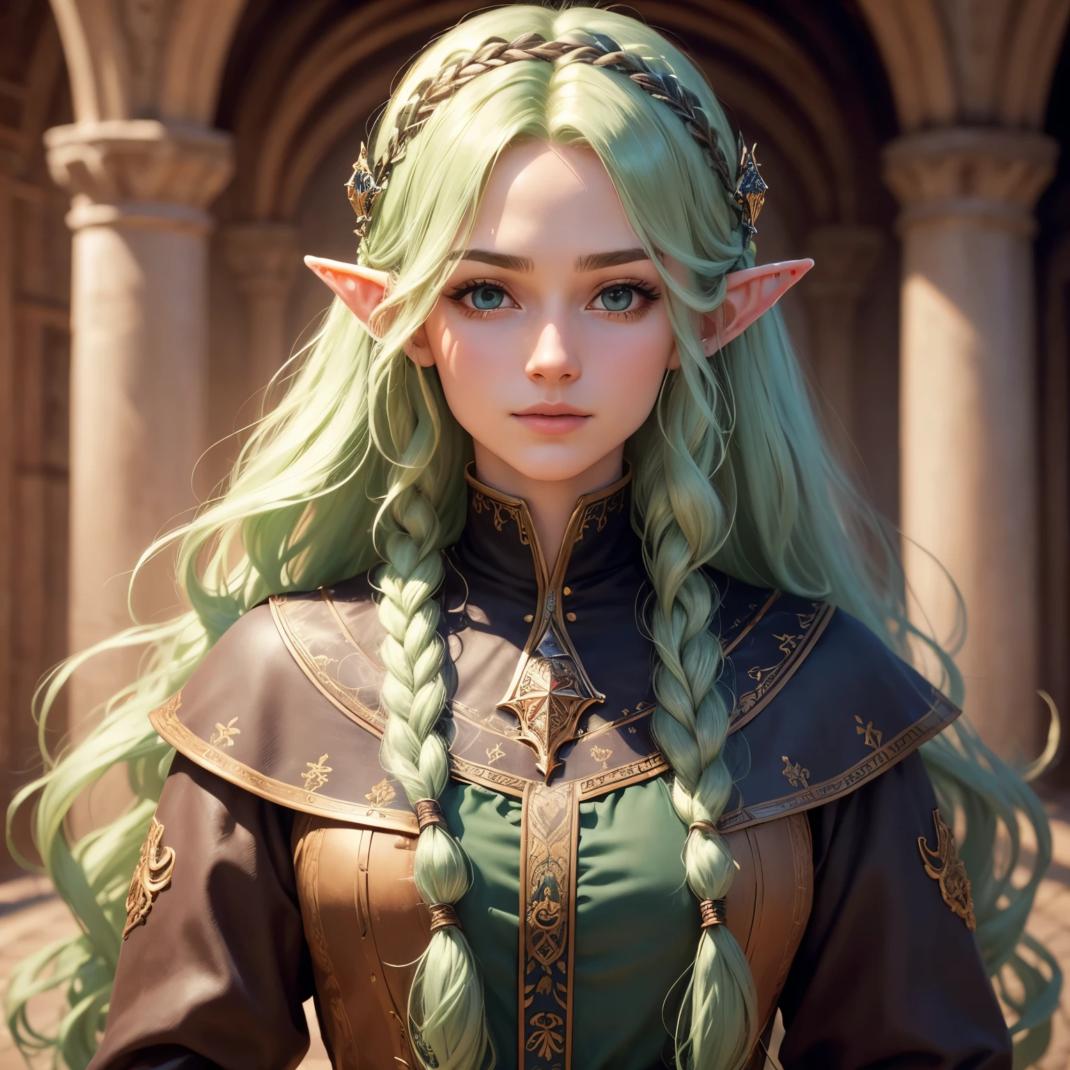sup((best quality)), ((masterpiece)), (detailed), Prize-winning works, with incredible details, maximum textures and details, supHD ,8K,super resolution ,depth of field, retina, masterpiece, anatomically correct, textured skin, super detail, high details, highres ,an elf ,wearing medieval dress with lots of details1 Medieval female fantasy RPG elf,hair in the wind,very long light green wavy braid hair ,((hair,)),shy smile,similar to the work of JRR Tolkien,longCap ,fully body, hyper-detailed piercing eyes , (25 year old young man :1.1,detailedeyes, face detailed, whole body:1.1,the background is a magnificent castle similar to Castello de Chambord ),(best qualityer:1.2,ultra detali:1.1,realisitic:1.37) ,eyeshadows,sharp focus,swirly vibrant colors,)