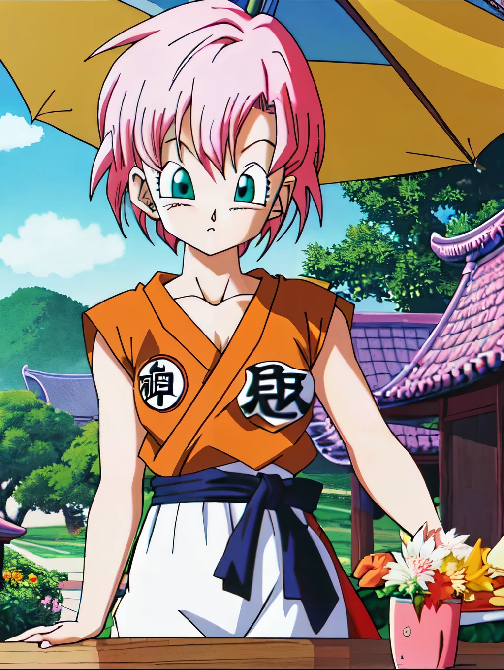 ((Highest quality)), ((masterpiece)), (detailed), ((Akira Toriyama))、One girl, Pink short hair、Blue-green eyes