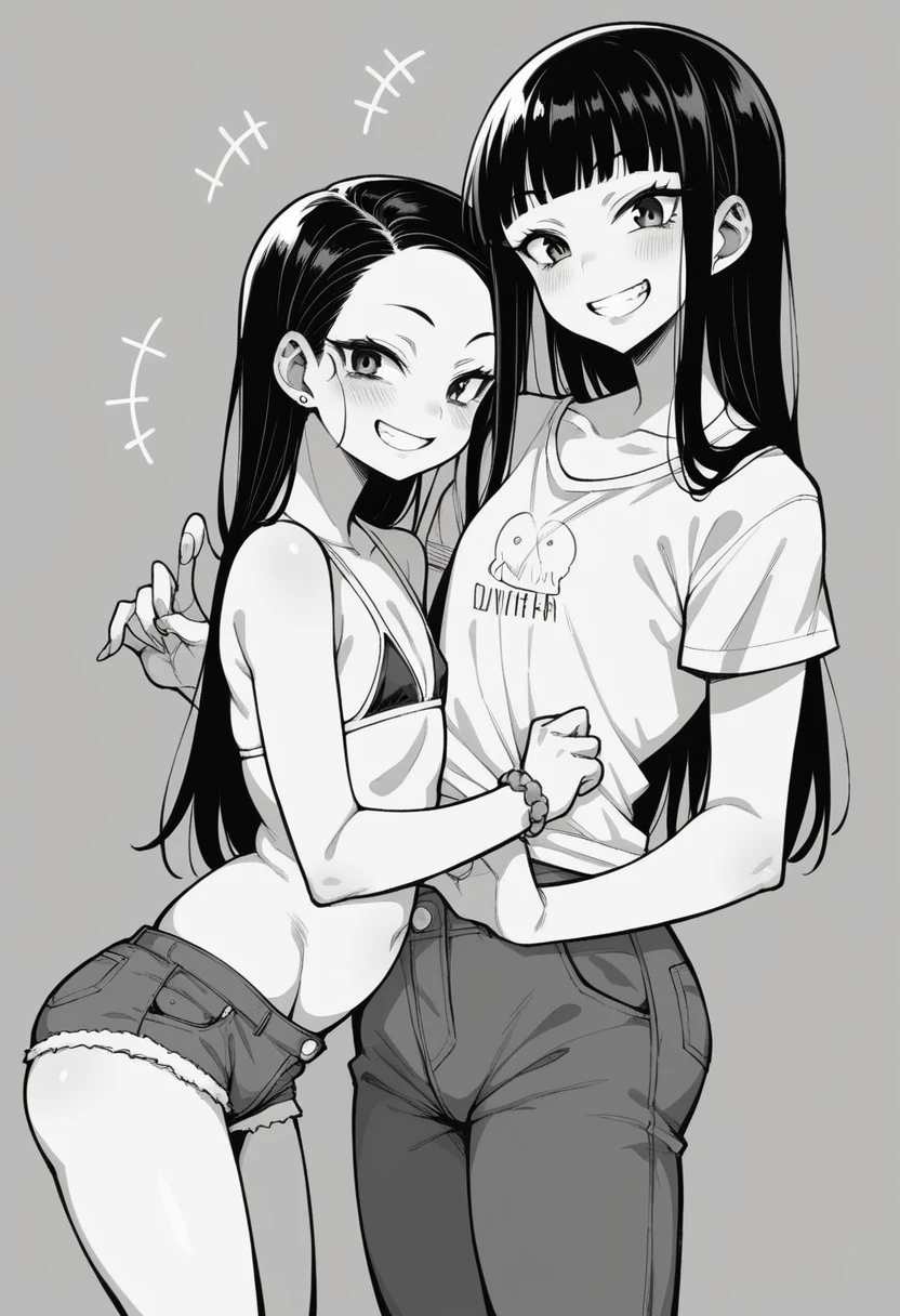 2人の女の子(,young girl ,short stature,gyaru)) ,flat chest,nsfw,plump,ストライプ柄のパンティ.,big head、evilsmiling,black hair,long hair,bobcut.show ass,