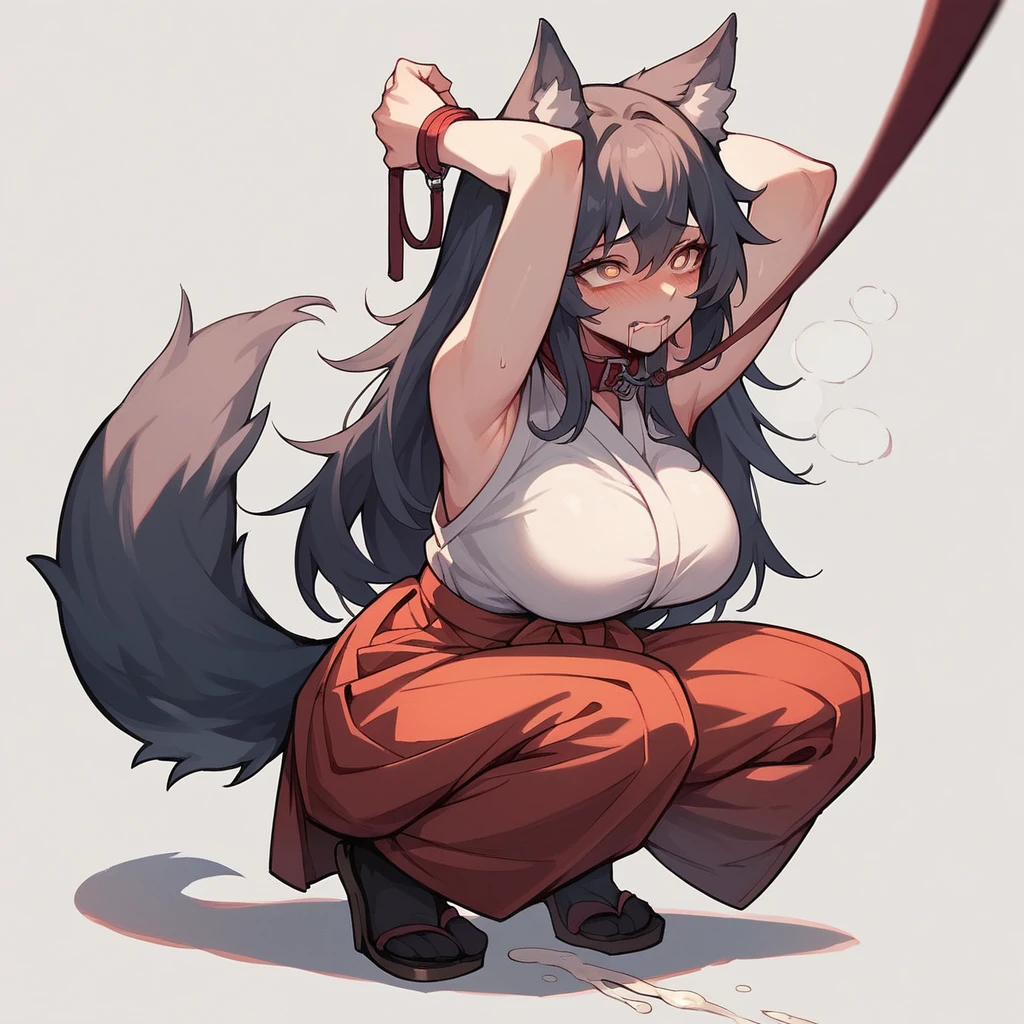 1 girl,hakama,wolf tail,wolf ear,black long hair,big breasts,sit astride,cum,drooling,embarrassed,leash,bright pupils,crouching,arms raised in the air