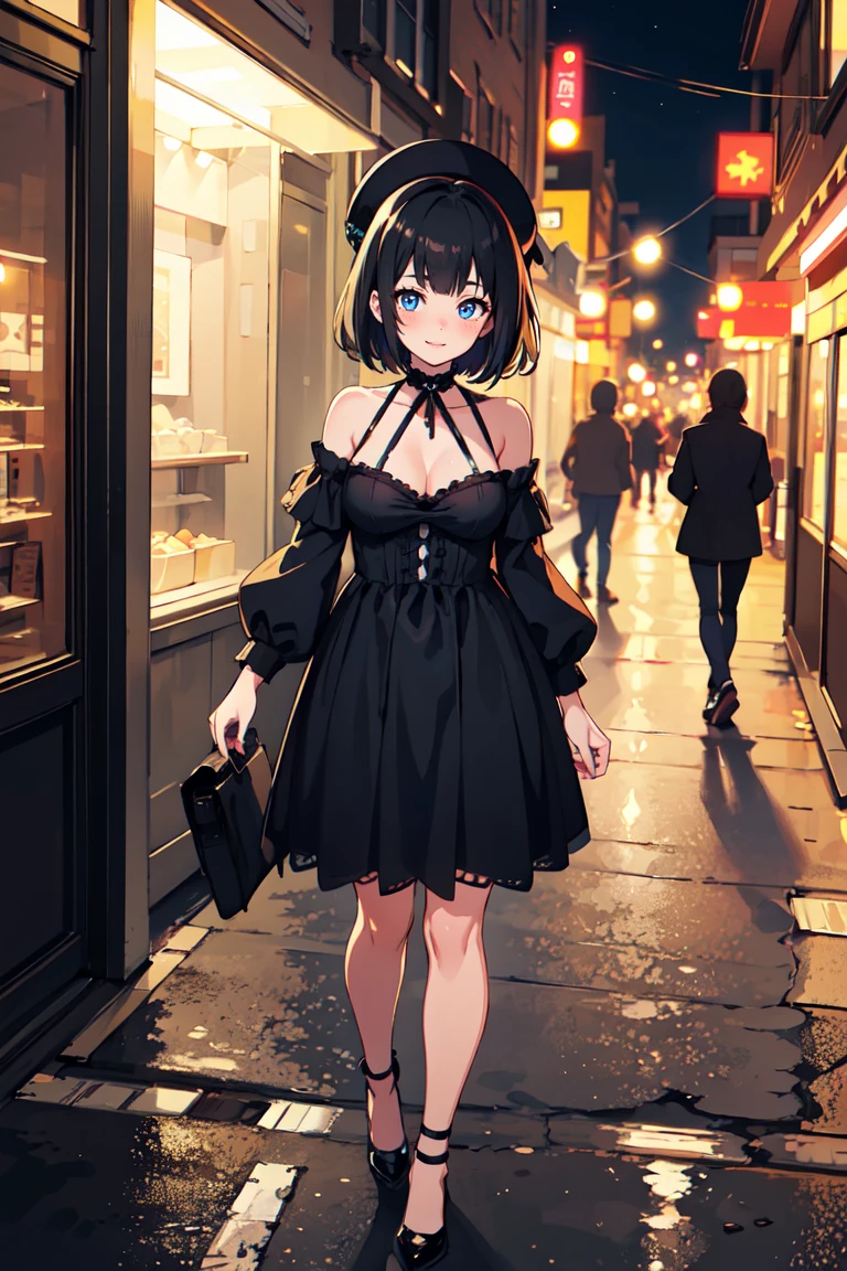 masterpiece, best quality, highly detailed background, perfect lighting, best quality, (extremely detailed face), volumetric lighting, intricate details, shadow, tonemapping, sharp focus, hyper detailed, trending on Artstation, (solo) ((Looking at the viewer)), ((city night background)) .Girl with medium black hair. Blue eyes. curvy. Blush, Clear skin. Big bust. Smile ((Scantily clad)) (( shoes)) ((black Goth clothes))