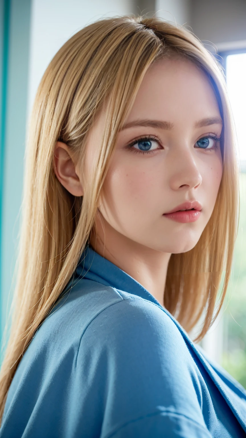 (( close do rosto)) A beautiful blonde woman ((blue colored eyes)) cabelo liso comprido seu rosto revela os detalhes seus lindos blue colored eyes bem próximo, sunlight hits your face revealing every detail, a window on the side lets in sunlight, ((profile face framing))