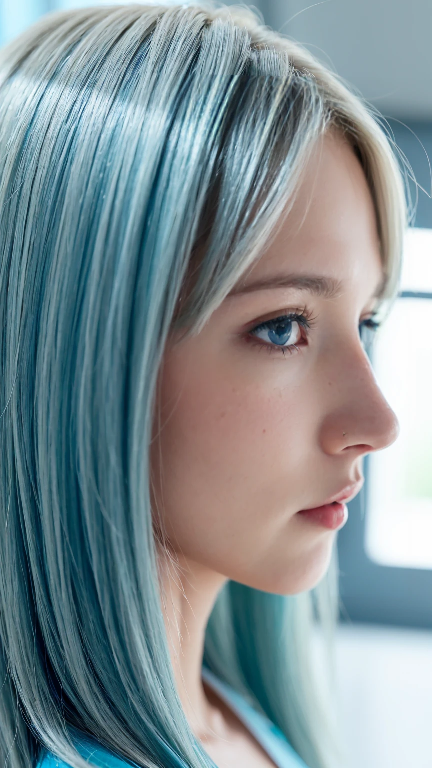 (( close do rosto)) A beautiful blonde woman ((blue colored eyes)) cabelo liso comprido seu rosto revela os detalhes seus lindos blue colored eyes bem próximo, sunlight hits your face revealing every detail, a window on the side lets in sunlight, ((profile face framing))