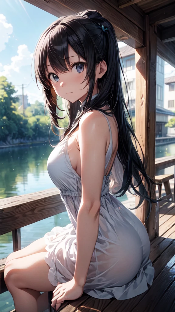 The background is in the style of Makoto Shinkai, with the viewer sitting in nature under a clear blue sky.。
Hatsune Miku in a shoulder-baring dress。
The color of the dress is white。
A sexy, mature atmosphere reminiscent of Minato Ward girls。
Hair is straight。