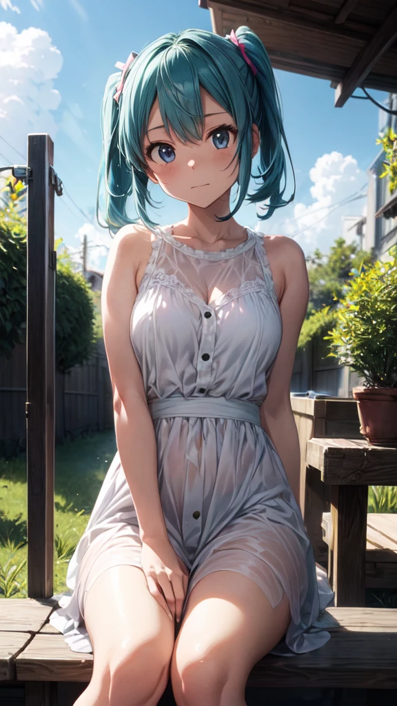 The background is in the style of Makoto Shinkai, with the viewer sitting in nature under a clear blue sky.。
Hatsune Miku in a shoulder-baring dress。
The color of the dress is white。
A sexy, mature atmosphere reminiscent of Minato Ward girls。
Hair is straight。