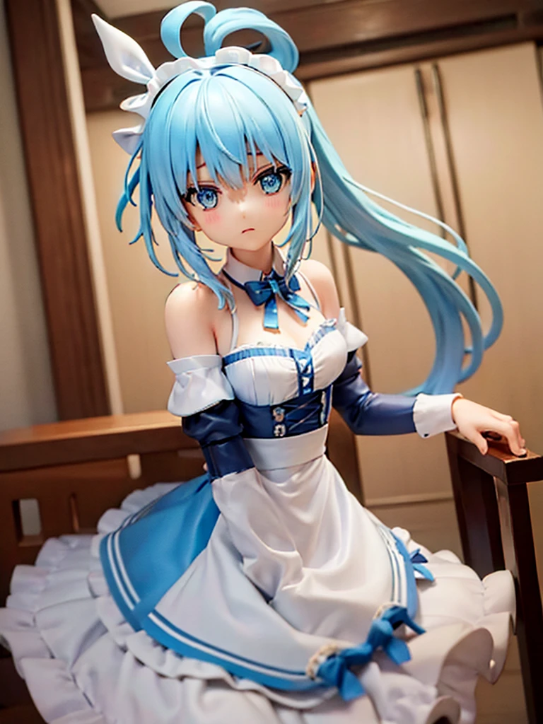 One Girl,Light blue hair,Yellow and light blue eyes,Odd Eye,Long ponytail,Bangs,Ahoge,Maid clothes,Big white ribbon in hair,Android,whole body,Character portrait
