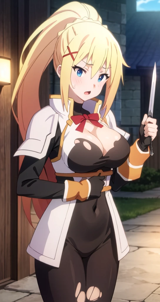 masterpiece, best quality, Roxanne AND Lianna, hair ornament, circlet, cape, armored dress, elbow gloves, blue skirt, thigh boots, garter belts, sitting, from side, hands on own lap, from above, smile, looking at viewer, closed mouth, gold eyes, yellow eyes, no visible ears, no ears, fluffy dog tail, medieval architecture, castle, garden