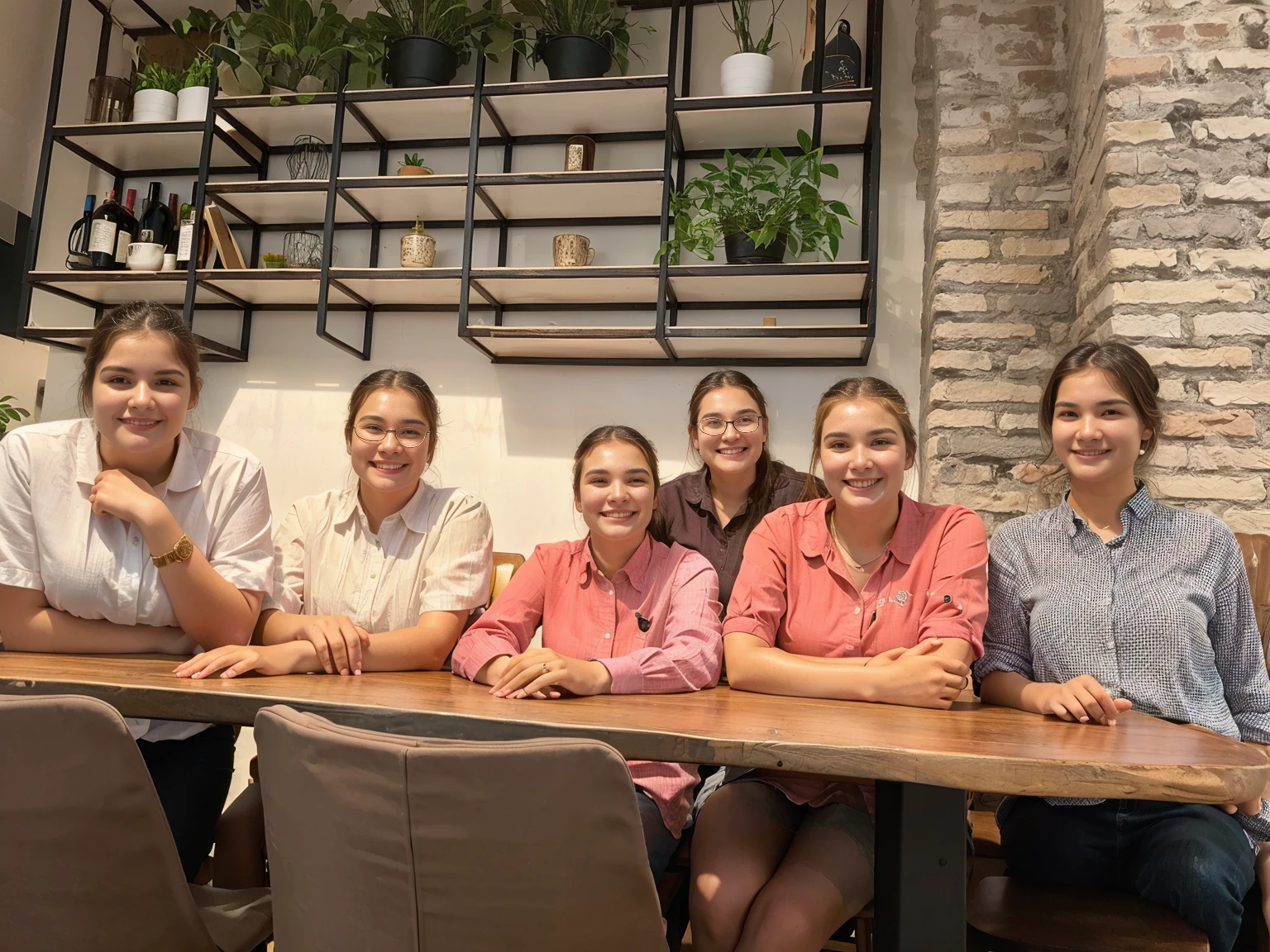 several women  of around 30 yo sitting at a table with a wooden table top, high picture quality, group sit at table, taken in 2022, high quality picture, 