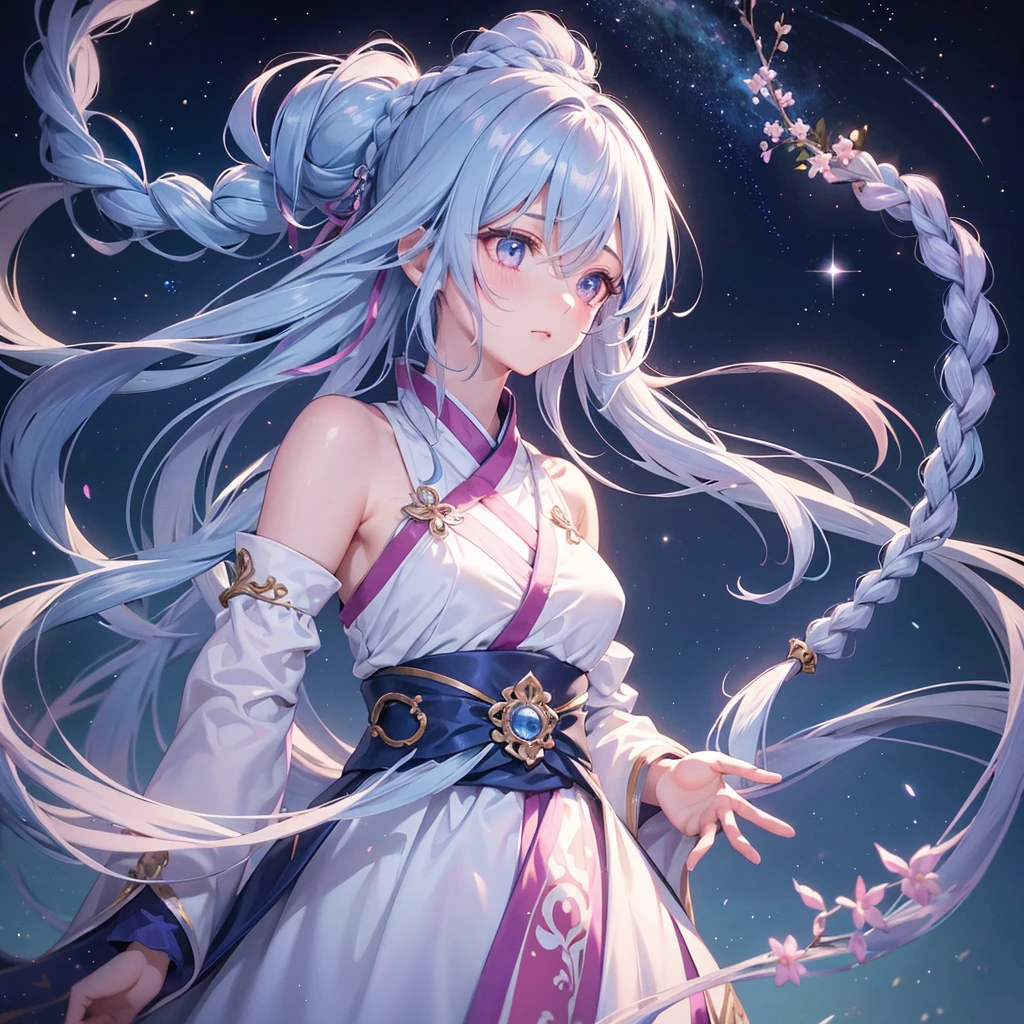 (Sky blue braid hair),Pink Eyes,Fair skin ,(whole body),(One girl),Hanfu,(The beautiful, sparkling Milky Way in the night sky),Lonely Eyes,,(masterpiece, Highest quality, Very detailed, Best Shadow), (Detailed Background), (Beautifully detailed face), High Contrast, (Best lighting, Very delicate and beautiful), ((Cinematic Light)), colorful, Hyper Detail, Dramatic Light, Intricate details,