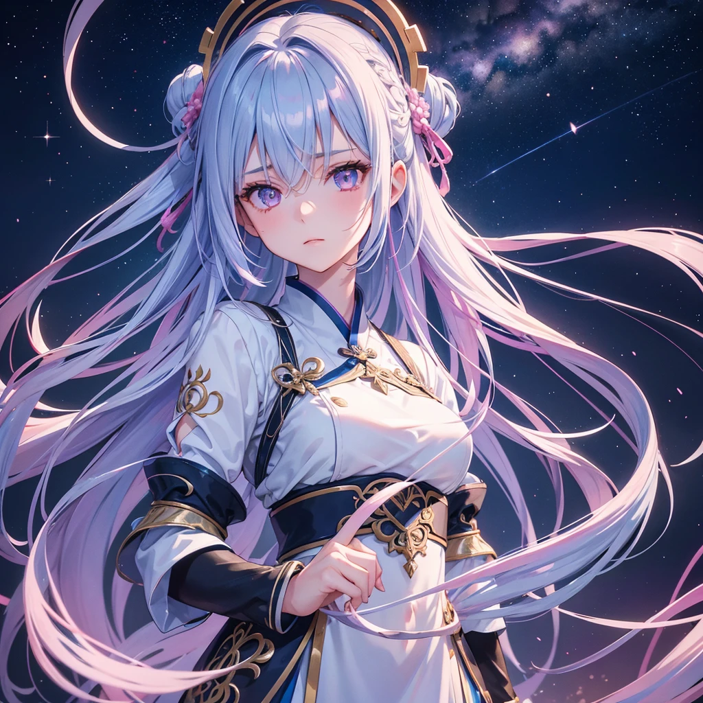 (Sky blue braid hair),Pink Eyes,Fair skin ,(whole body),(One girl),Hanfu,(The beautiful, sparkling Milky Way in the night sky),Lonely Eyes,,(masterpiece, Highest quality, Very detailed, Best Shadow), (Detailed Background), (Beautifully detailed face), High Contrast, (Best lighting, Very delicate and beautiful), ((Cinematic Light)), colorful, Hyper Detail, Dramatic Light, Intricate details,