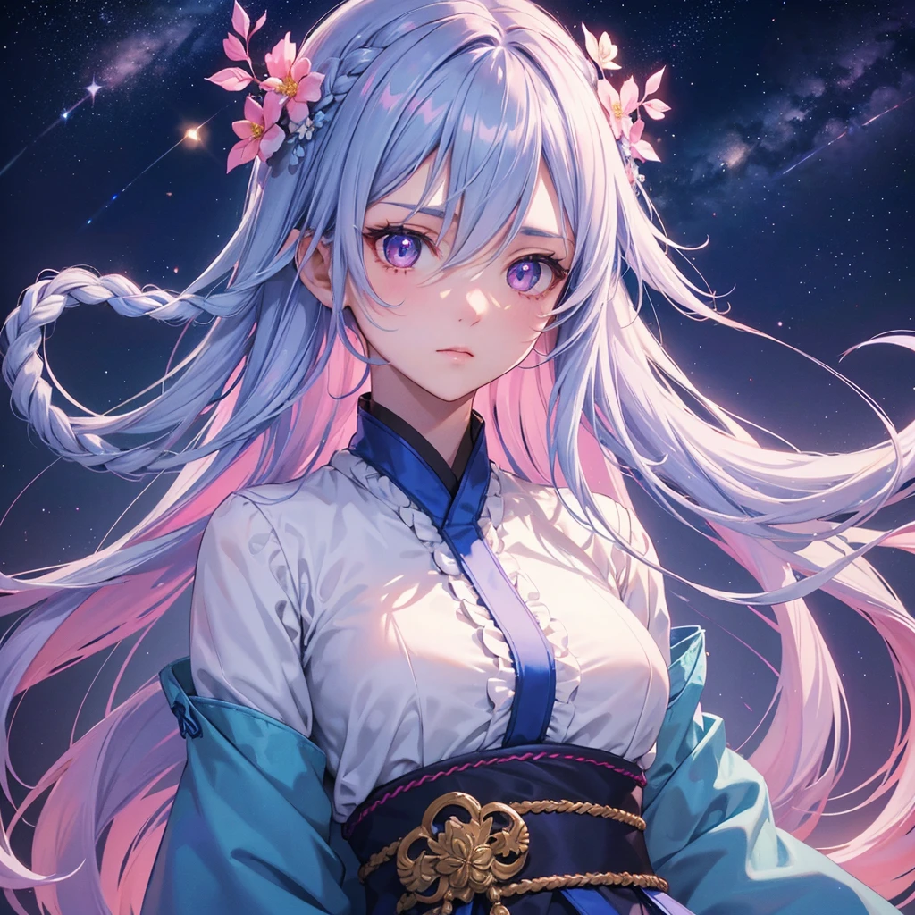 (Sky blue braid hair),Pink Eyes,Fair skin ,(whole body),(One girl),Hanfu,(The beautiful, sparkling Milky Way in the night sky),Lonely Eyes,,(masterpiece, Highest quality, Very detailed, Best Shadow), (Detailed Background), (Beautifully detailed face), High Contrast, (Best lighting, Very delicate and beautiful), ((Cinematic Light)), colorful, Hyper Detail, Dramatic Light, Intricate details,