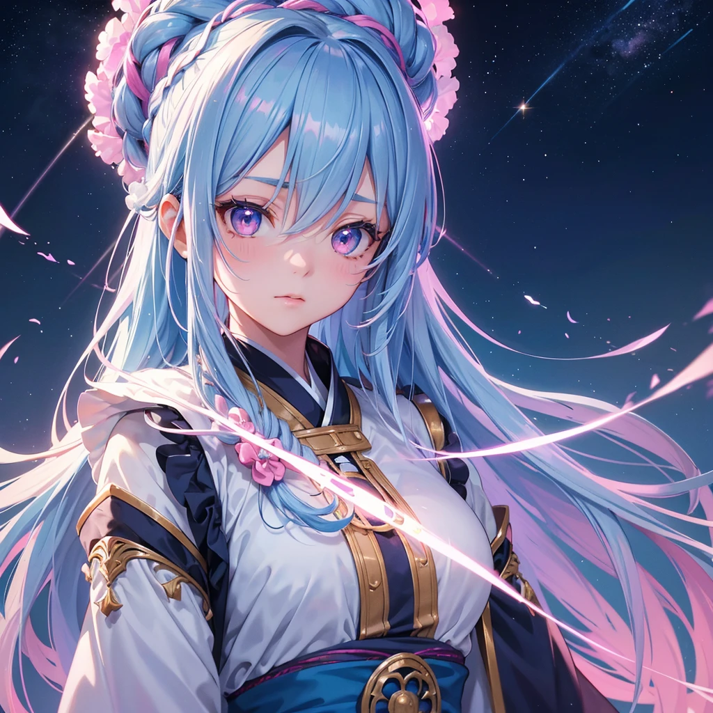 (Sky blue braid hair),Pink Eyes,Fair skin ,(whole body),(One girl),Hanfu,(The beautiful, sparkling Milky Way in the night sky),Lonely Eyes,,(masterpiece, Highest quality, Very detailed, Best Shadow), (Detailed Background), (Beautifully detailed face), High Contrast, (Best lighting, Very delicate and beautiful), ((Cinematic Light)), colorful, Hyper Detail, Dramatic Light, Intricate details,