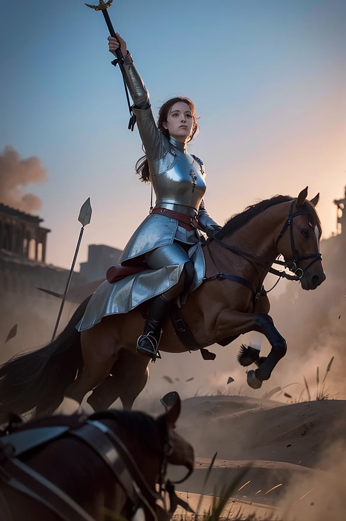 Illustration of Joan of Arc on the battlefield, cinematic style, left view, beautiful