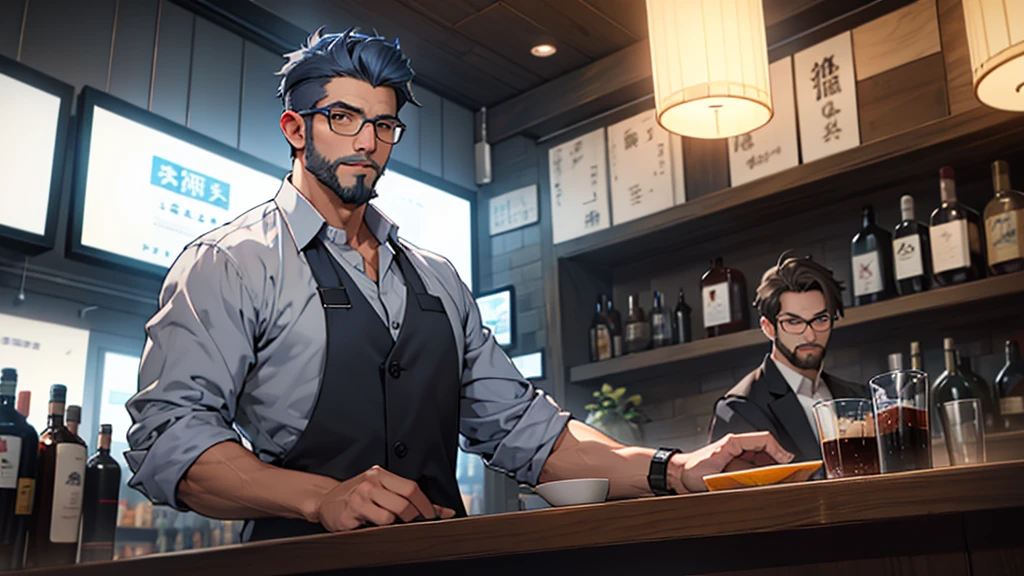Grey and blue mesh short hair、Glasses、male、bartender、Long shirt、Beard、bar counter