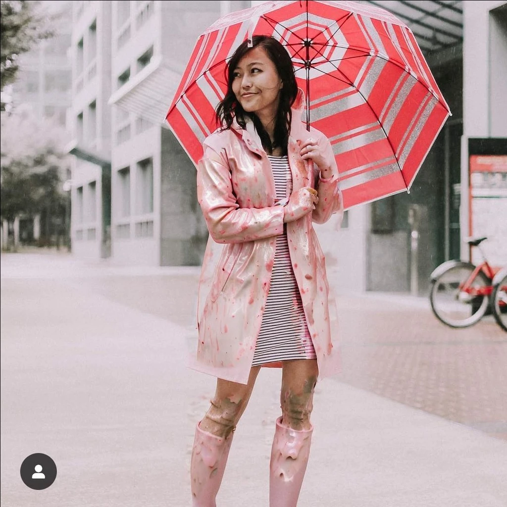 a beautiful asian woman holding a pink umbrella, cute pose, wearing a pink buttoned raincoat, tall pink rain boots, ((((muddy clothes)))), intricate details, highly detailed, masterpiece, 8k, photorealistic, cinematic lighting, vibrant colors, soft focus, elegant, feminine, beautiful, serene, graceful