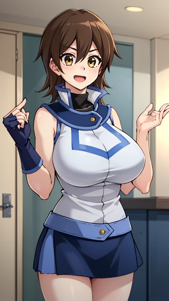 masterpiece, best quality, highres,1girl, solo, ta1, white jacket, sleeveless, blue skirt, fingerless gloves,  makurada junko, turtleneck, white vest, sleeveless, high collar, belt, blue miniskirt, huge breasts, arrogant, happy, open mouth, cowboy shot, indoors, bedroom