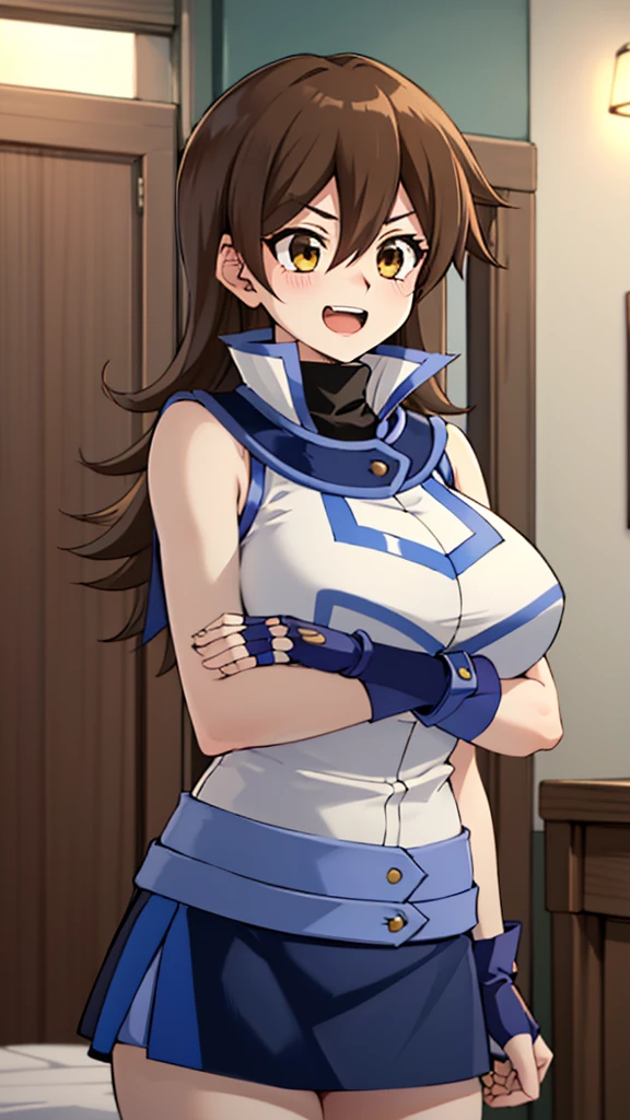 masterpiece, best quality, highres,1girl, solo, ta1, white jacket, sleeveless, blue skirt, fingerless gloves,  makurada junko, turtleneck, white vest, sleeveless, high collar, belt, blue miniskirt, huge breasts, arrogant, happy, open mouth, cowboy shot, indoors, bedroom