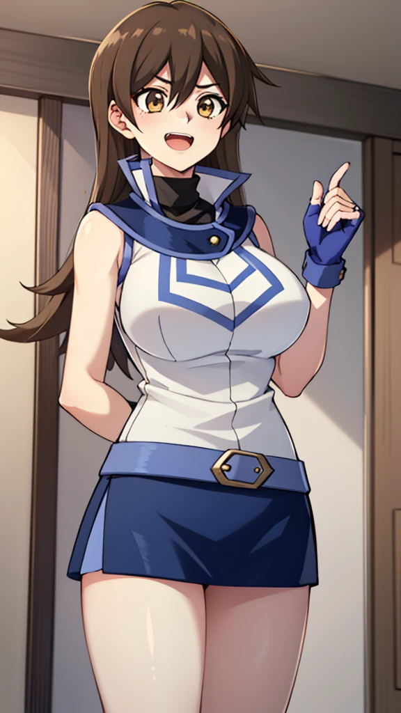 masterpiece, best quality, highres,1girl, solo, ta1, white jacket, sleeveless, blue skirt, fingerless gloves,  makurada junko, turtleneck, white vest, sleeveless, high collar, belt, blue miniskirt, huge breasts, arrogant, happy, open mouth, cowboy shot, indoors, bedroom