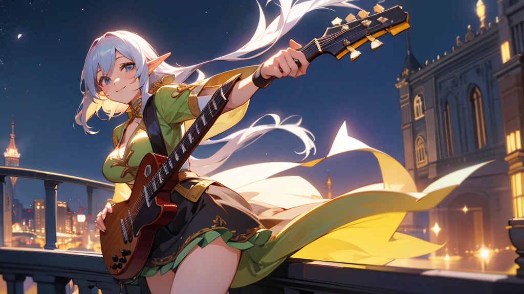 Healthy thighs,Anime Style,night,Detailed background,Magical World,A lively balcony with many people,Smiling bard beautiful elf girl,guitar,Large Breasts