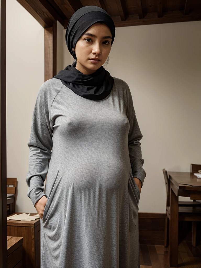 1girl,big breast, gray hair, brown clothes, ultra detailed, masterpiece, realistic, jilbab, big pregnant