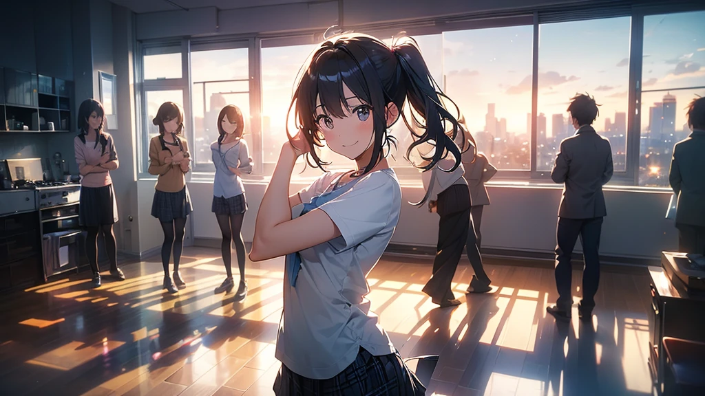 The image should feature a female anime character with a lively and confident expression and a nice smile, standing in a sunlit room with morning light streaming through a window. The character is wearing a favorite shirt, ready to start the day. In the background, depict a vibrant cityscape that transitions to evening, with city lights starting to flicker. The scene should include elements that represent music and dreams, such as musical notes floating around and a sense of motion. The overall atmosphere should be energetic, filled with hope and the promise of a new day.