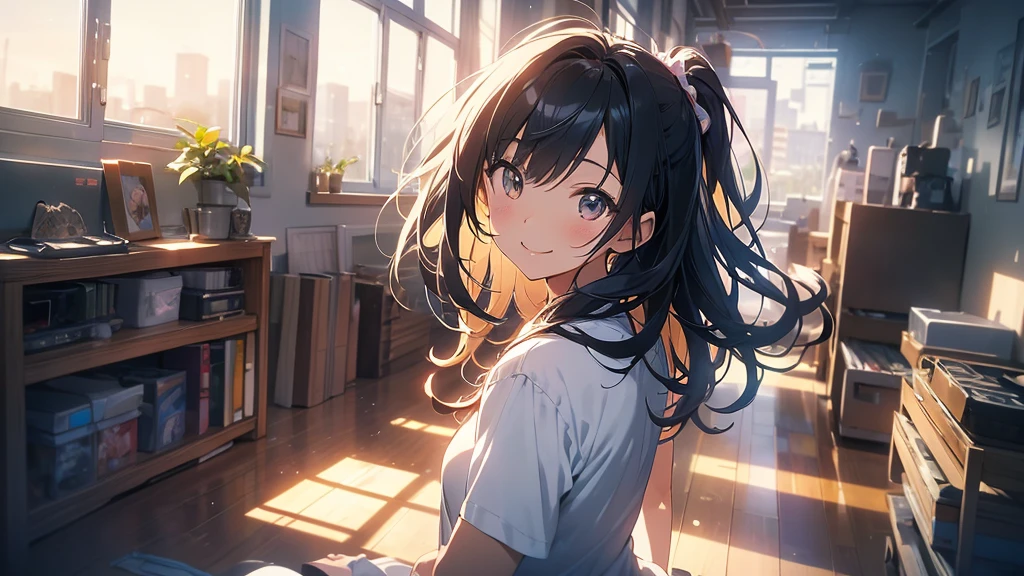 The image should feature a female anime character with a lively and confident expression and a nice smile, standing in a sunlit room with morning light streaming through a window. The character is wearing a favorite shirt, ready to start the day. In the background, depict a vibrant cityscape that transitions to evening, with city lights starting to flicker. The scene should include elements that represent music and dreams, such as musical notes floating around and a sense of motion. The overall atmosphere should be energetic, filled with hope and the promise of a new day.