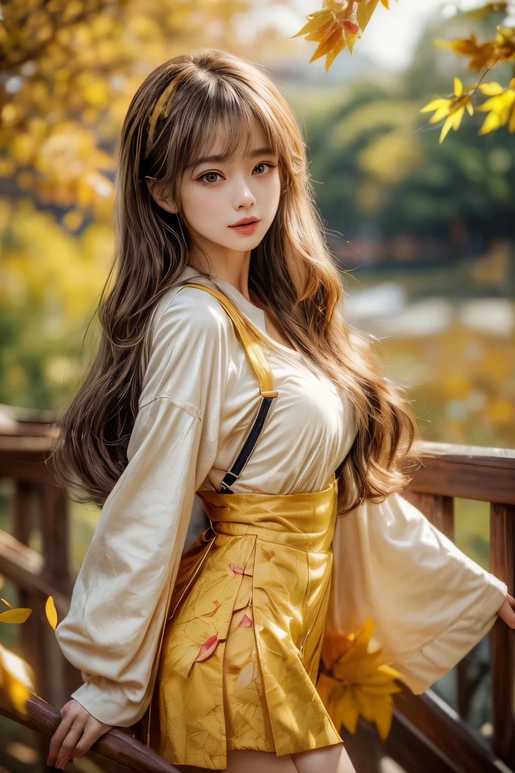 masterpiece、8K、32,000、top quality、(eye for detail)、(cute japanese girl、forehead)、 years old、1 woman、elegant、(Detailed background description、portlate:1.2)、(suspender mini skirt)、(yellow fallen leaves:1.3)、cowboy shot、smile、(reduction)