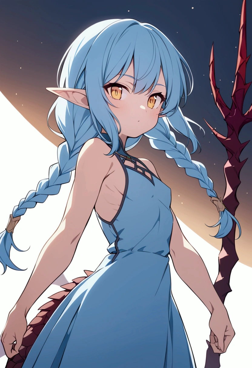 cute young girl, light blue hair, long hair, small braids hair, yellow eyes, dragon horn, dragon tail, elf ear, muscular body, small breast, nude, fight with dagger pose