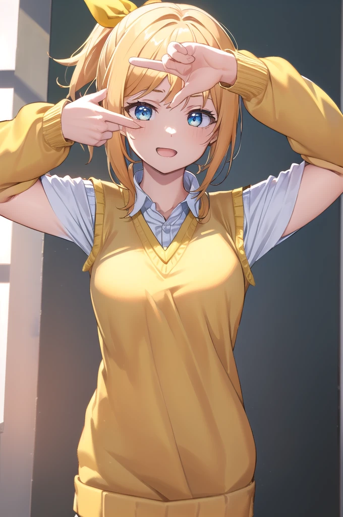 Eri Aase, catalyst, Yellow Hair, blue eyes, ponytail, Hair Ribbon, break otonokizaka , pleated skirt, Large green ribbon tie, Short sleeve, skirt, Summer clothes, Sweater vest, (yellow Sweater vest:1.5), break looking at viewer, break indoors, classroom, break (masterpiece:1.2), Highest quality, High resolution, unity 8k wallpaper, (figure:0.8), (Beautiful attention to detail:1.6), (Perfect hands, Perfect ???????), Highly detailed face, Perfect lighting, Highly detailed CG, (Perfect hands, Perfect ???????), , (3D Face:1.1), (Shiny skin:1.5), (超High resolution intricate face details), (Facial skin pores:1.3), 超High resolution cloth texture, Big smile、Blushing、Open your mouth, Showing off her perfect legs