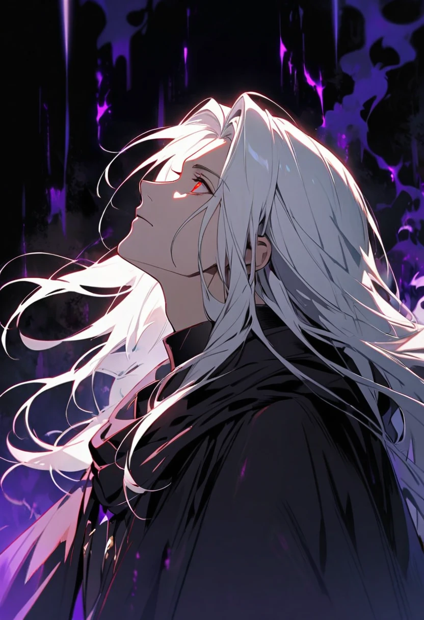 male, long hair, white hair, red eyes, cloak, dark aura, side view,  experienced, face close, mature, look up, thoughtful